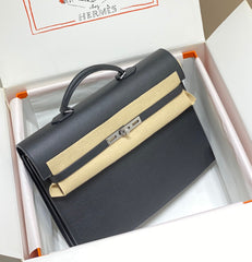 KELLY DEPECHES 38 BRIEFCASE IN BLACK TOGO CALFSKIN SILVER HARDWARE