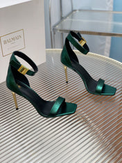 BALMAIN 25S METAL BUCKLE HIGH HEELS 95MM IN TEAL GREEN CALFSKIN