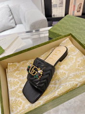 GG SPARKLE CRYSTAL SLIDE SANDAL BLACK CALFSKIN