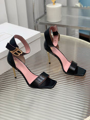 BALMAIN 25S B STRAP HIGH HEEL SANDALS 95MM IN BLACK GLOSSY CALFSKIN