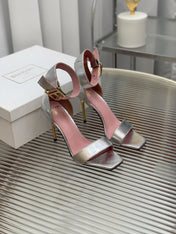 BALMAIN 25S B STRAP HIGH HEEL SANDALS 95MM IN SILVER CALFSKIN