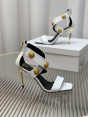 BALMAIN 25S CROSSOVER STRAP HIGH HEELS 95MM IN LIGHT GRAY CALFSKIN
