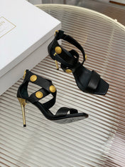 BALMAIN 25S CROSSOVER STRAP HIGH HEELS 95MM IN BLACK CALFSKIN