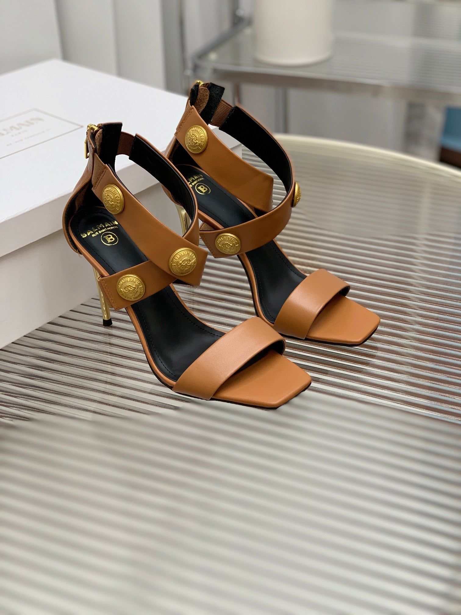 BALMAIN 25S CROSSOVER STRAP HIGH HEELS 95MM IN BROWN CALFSKIN