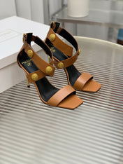 BALMAIN 25S CROSSOVER STRAP HIGH HEELS 95MM IN BROWN CALFSKIN