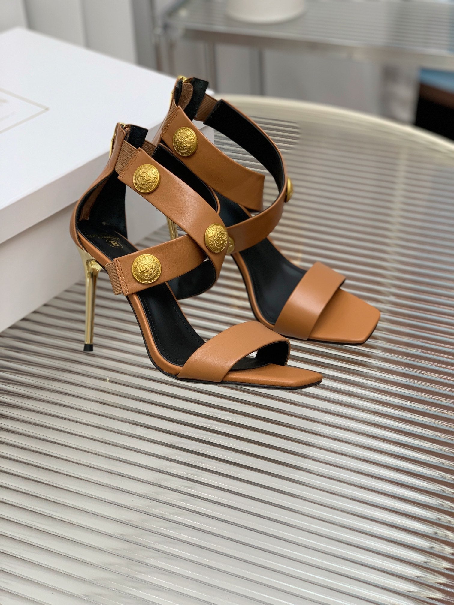 BALMAIN 25S CROSSOVER STRAP HIGH HEELS 95MM IN BROWN CALFSKIN