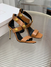 BALMAIN 25S CROSSOVER STRAP HIGH HEELS 95MM IN BROWN CALFSKIN