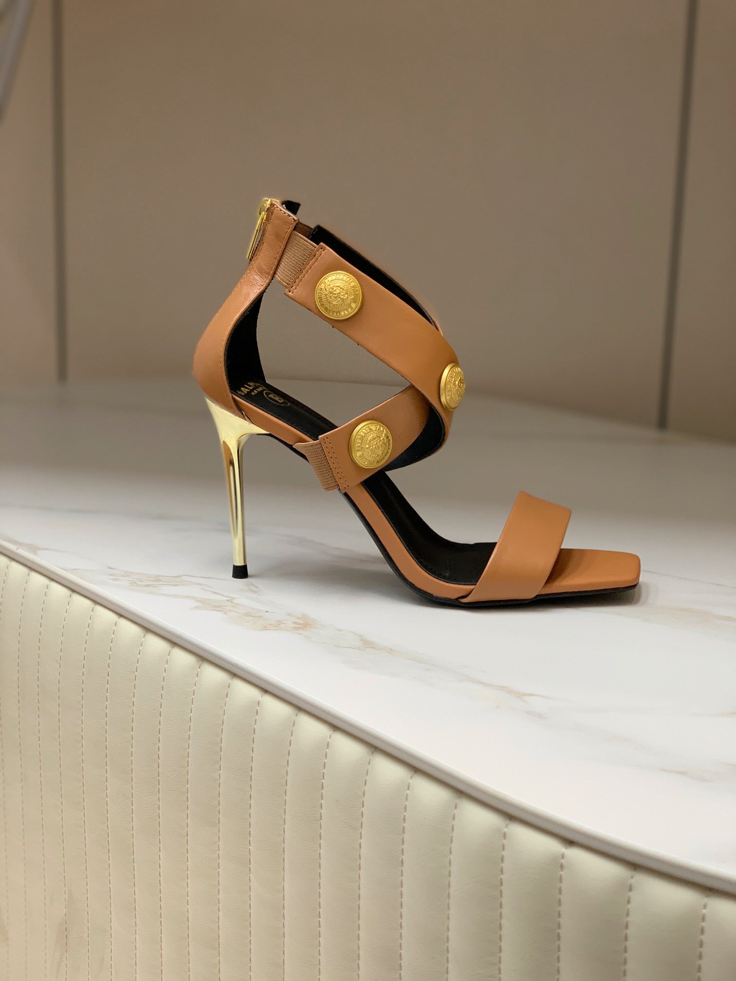 BALMAIN 25S CROSSOVER STRAP HIGH HEELS 95MM IN BROWN CALFSKIN