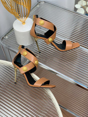 BALMAIN 25S CROSSOVER STRAP HIGH HEELS 95MM IN BROWN CALFSKIN