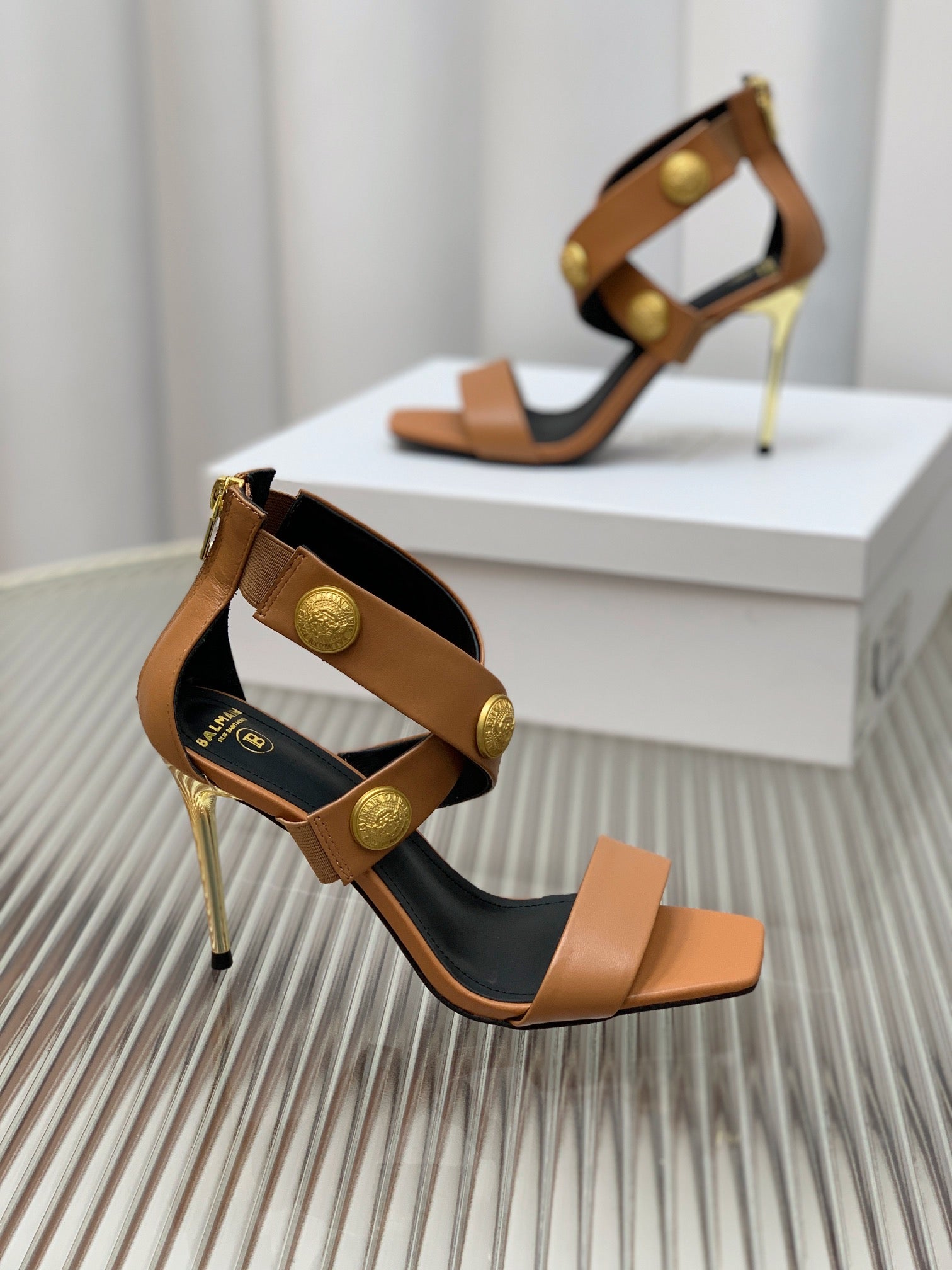 BALMAIN 25S CROSSOVER STRAP HIGH HEELS 95MM IN BROWN CALFSKIN