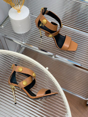 BALMAIN 25S CROSSOVER STRAP HIGH HEELS 95MM IN BROWN CALFSKIN