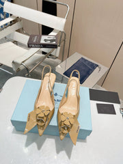 SLINGBACK KITTEN HEEL IN TORTILLA BROWN SHINY CALFSKIN ATTACHED FLOWERS