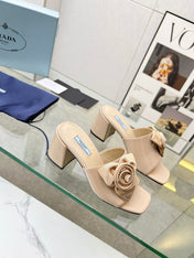 PRA FLOWER BLOCK HEELS 75 BEIGE CALFSKIN