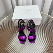 BALMAIN 25S HIGH HEEL SANDALS 95MM IN ROYAL PURPLE GLOSSY CALFSKIN