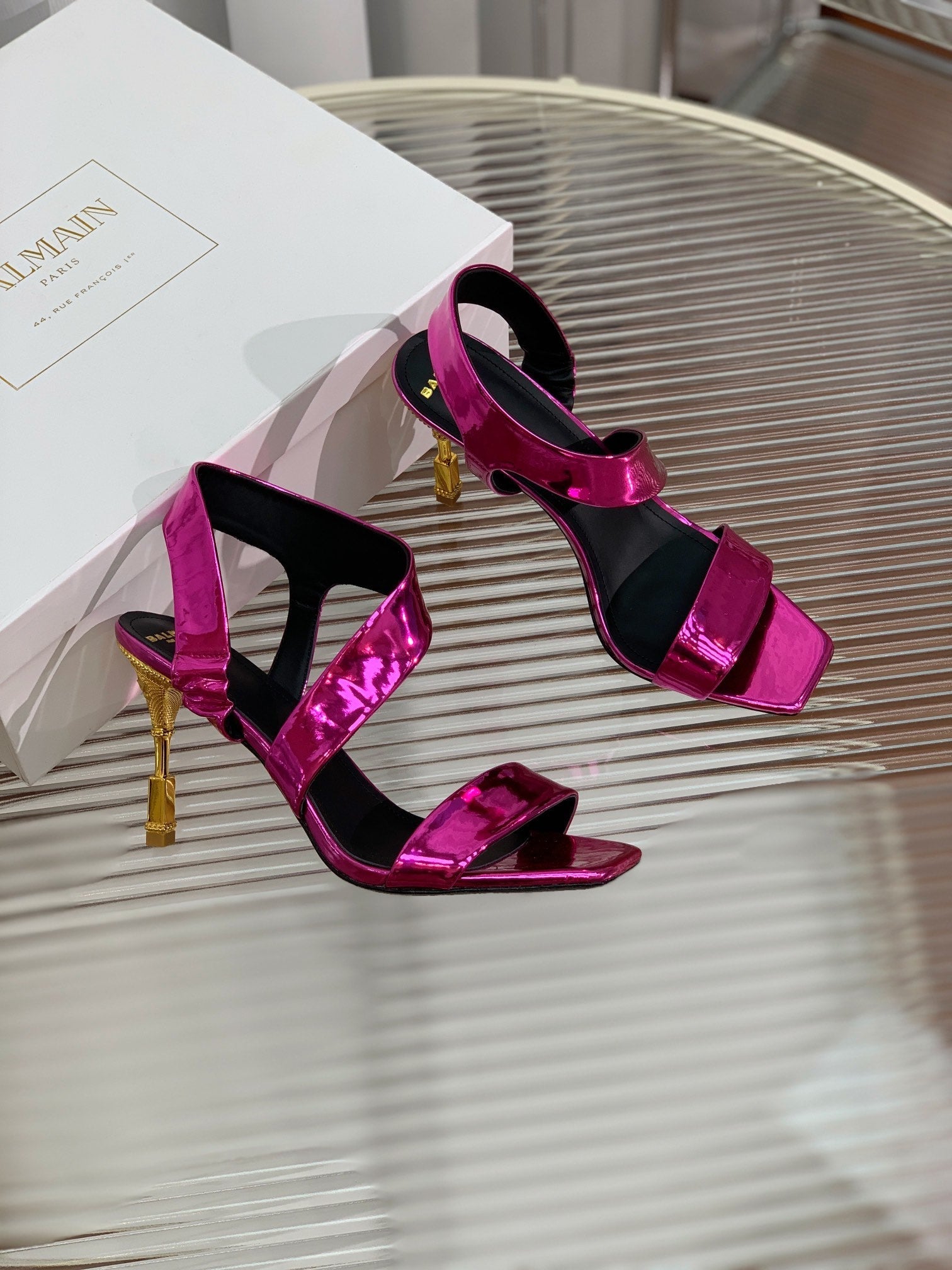 BALMAIN 25S HIGH HEEL SANDALS 95MM IN MAGENTA GLOSSY CALFSKIN