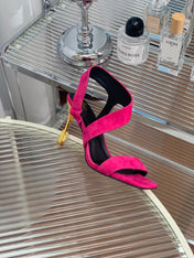 BALMAIN 25S HIGH HEEL SANDALS 95MM IN FUCHSIA SUEDE