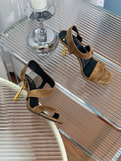 BALMAIN 25S HIGH HEEL SANDALS 95MM IN BROWN SUEDE