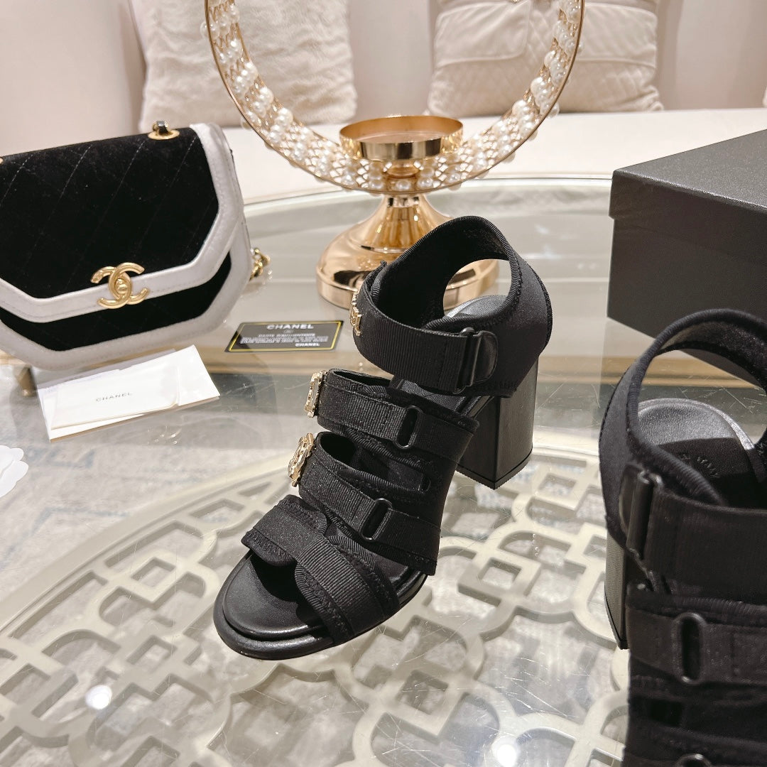 Double C  Xiaoxiang Chain Fabric Head Chunky Heel Sandals Black Lambskin
