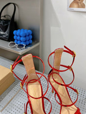 GIANVITO ROSSI 26S SQUARE-TOE HIGH-HEEL SANDALS 105 MM IN RED PATENT CALFSKIN