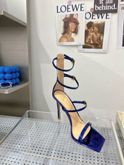 GIANVITO ROSSI 26S SQUARE-TOE HIGH-HEEL SANDALS 105 MM IN NAVY BLUE PATENT CALFSKIN