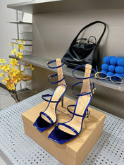 GIANVITO ROSSI 26S SQUARE-TOE HIGH-HEEL SANDALS 105 MM IN NAVY BLUE PATENT CALFSKIN