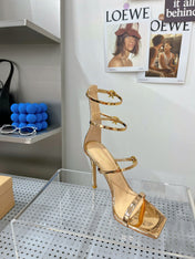 GIANVITO ROSSI 26S SQUARE-TOE HIGH-HEEL SANDALS 105 MM IN GOLD PATENT CALFSKIN