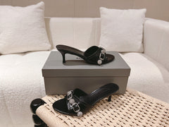 BALENCIAGA 25S HIGH-HEEL SANDALS IN BLACK COW LEATHER WITH RHINESTONE STRAP
