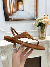 THONG SANDALS IN BRONZE BROWN CALFSKIN WITH GOLD LOGO