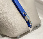 HERMES 25S PICOTIN LOCK 18 IN PEARL GRAY AND ELECTRIC BLUE CALFSKIN SILVER HARDWARE