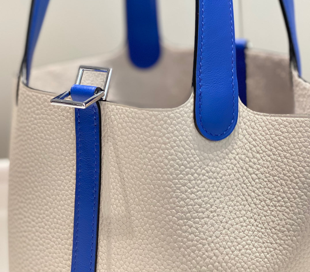 HERMES 25S PICOTIN LOCK 18 IN PEARL GRAY AND ELECTRIC BLUE CALFSKIN SILVER HARDWARE