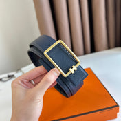 HM TUBE H BELT BUCKLE & REVERSIBLE BLACK AND AEGEAN BLUE LEATHER STRAP 38MM GOLD HARDWARE