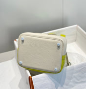 HERMES 25S PICOTIN LOCK 18 IN WHITE AND LEMON YELLOW CALFSKIN SILVER HARDWARE