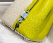 HERMES 25S PICOTIN LOCK 18 IN WHITE AND LEMON YELLOW CALFSKIN SILVER HARDWARE