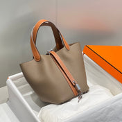 HERMES 25S PICOTIN LOCK 18 IN BURNT ORANGE AND BROWN CALFSKIN SILVER HARDWARE
