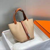 HERMES 25S PICOTIN LOCK 18 IN BURNT ORANGE AND LIGHT BROWN CALFSKIN SILVER HARDWARE