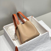 HERMES 25S PICOTIN LOCK 18 IN BURNT ORANGE AND LIGHT BROWN CALFSKIN SILVER HARDWARE