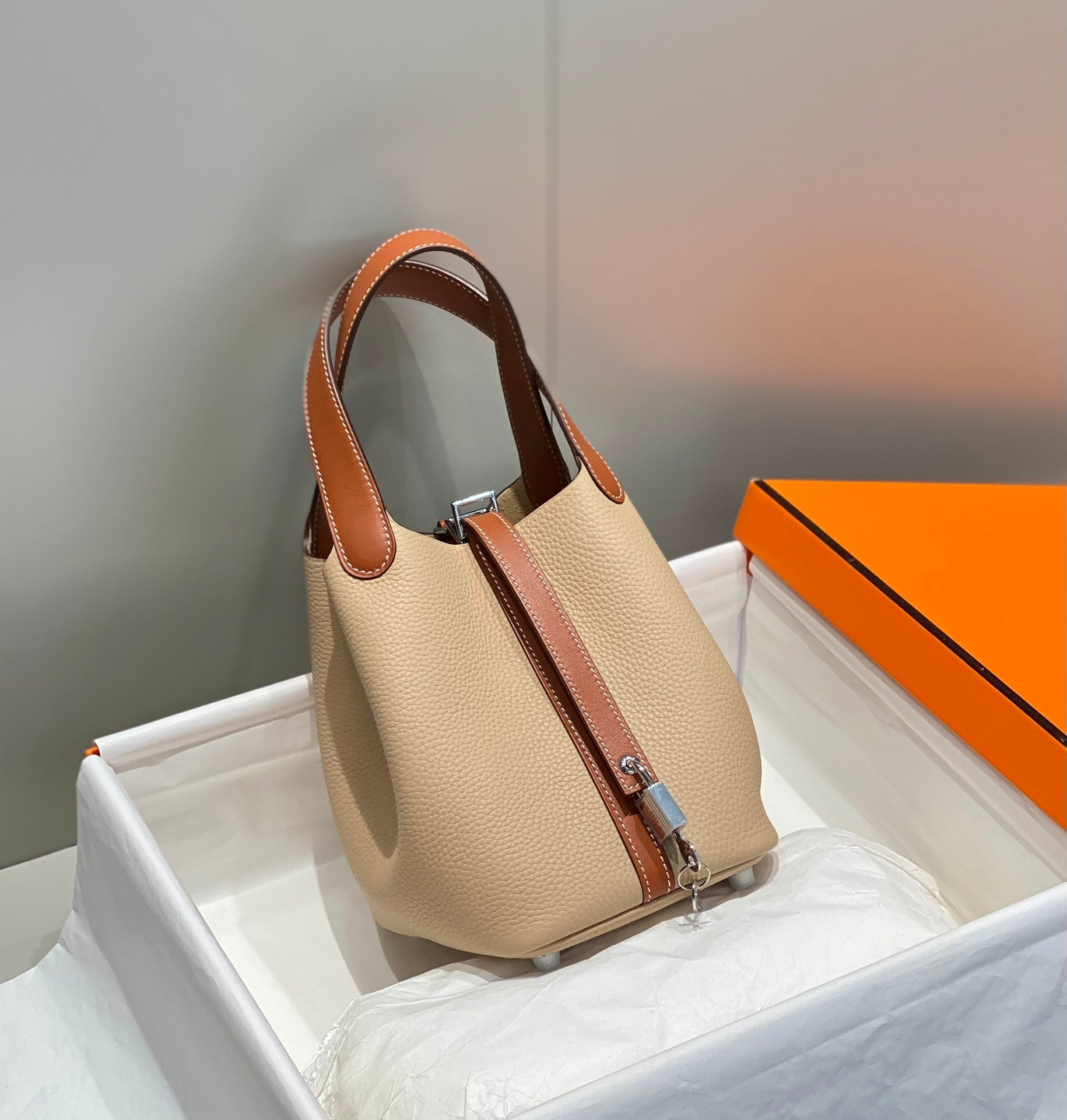 HERMES 25S PICOTIN LOCK 18 IN BURNT ORANGE AND LIGHT BROWN CALFSKIN SILVER HARDWARE