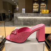 PRADA 26S OPEN TOE CRYSTAL EMBELLISHED MULES 100MM IN FUCHSIA PINK SATIN