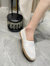 LOAFERS IN WHITE FABRIC AND RAFFIA