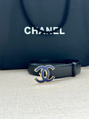 CC 30MM BELT IN BLACK SMOOTH CALFSKIN WITH NAVY BLUE METAL LOGO
