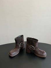 MIUMIU 26S ANKLE BOOTS IN DARK BROWN SUEDE SILVER HARDWARE
