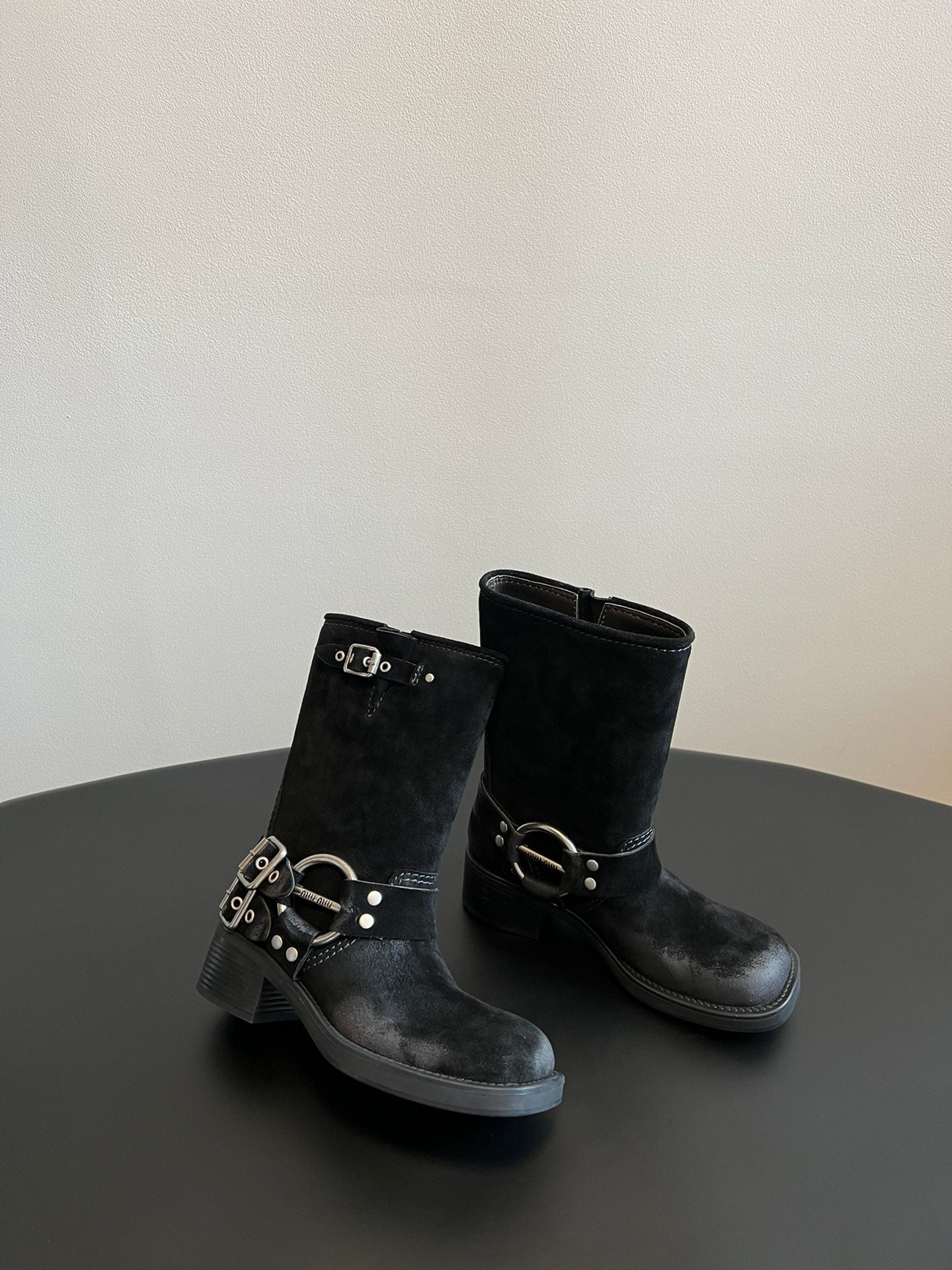 MIUMIU 26S MID-CALF BOOTS IN BLACK SUEDE SILVER HARDWARE