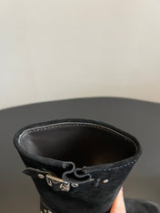 MIUMIU 26S MID-CALF BOOTS IN BLACK SUEDE SILVER HARDWARE