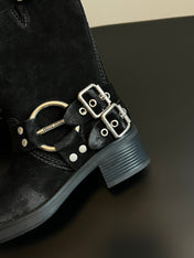 MIUMIU 26S MID-CALF BOOTS IN BLACK SUEDE SILVER HARDWARE