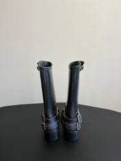 MIUMIU 26S KNEE-HIGH BOOTS IN BLACK CALFSKIN SILVER HARDWARE