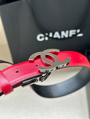CC 30MM BELT IN CHERRY RED AND BLACK CALFSKIN WITH SILVER HARDWARE
