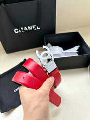 CC 30MM BELT IN CHERRY RED AND BLACK CALFSKIN WITH SILVER HARDWARE