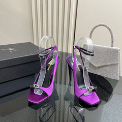 SL BUCKLE STRAP HEELED SANDAL SQUARE PURPLE SILK