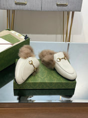 HORSEBIT MULE IN WHITE CALFSKIN AND LAMB WOOL LINING