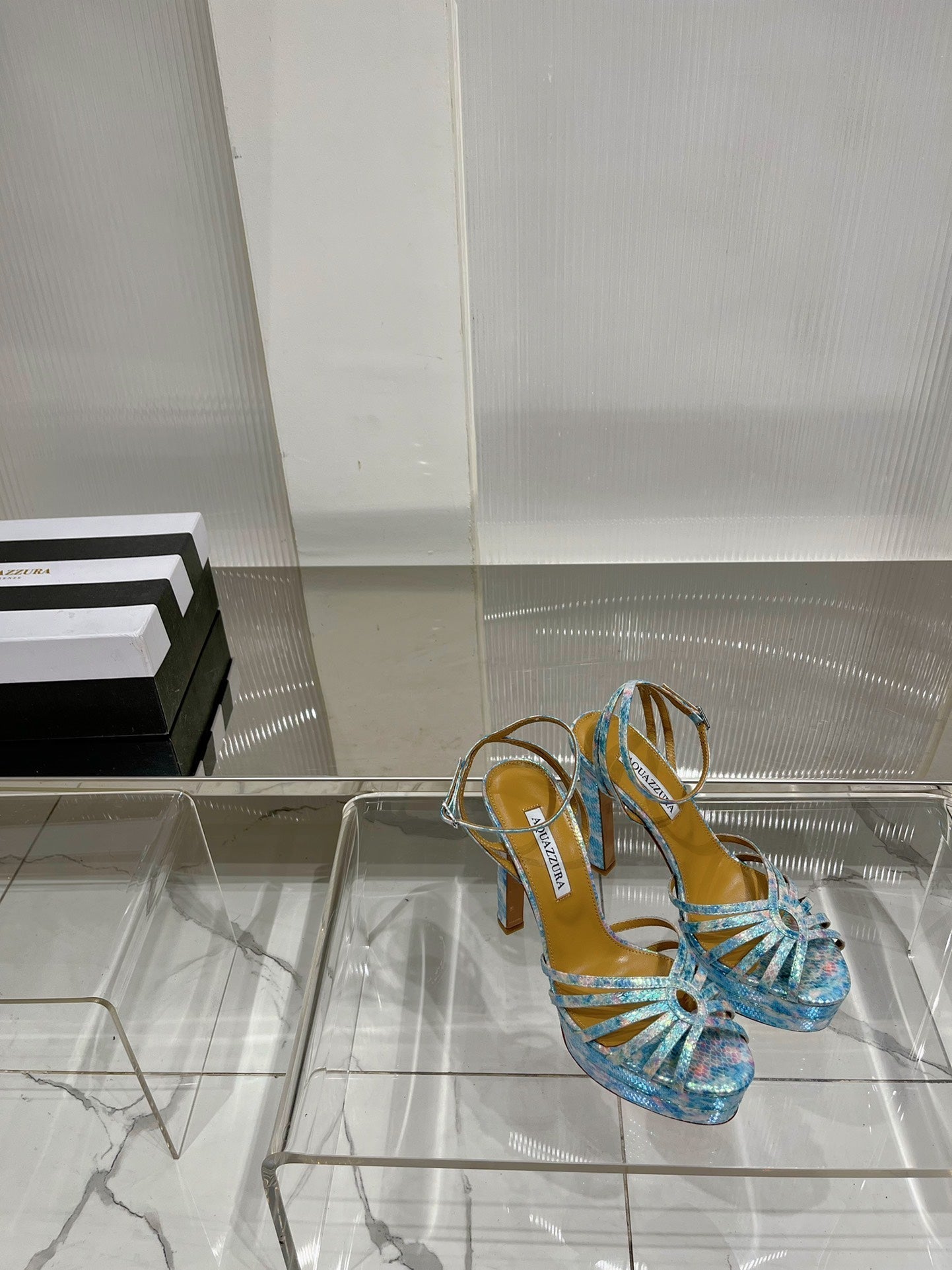 AQUAZZURA 26S HEELED SANDALS 130 MM IN MULTICOLOR BLUE SNAKE-EMBOSSED LEATHER